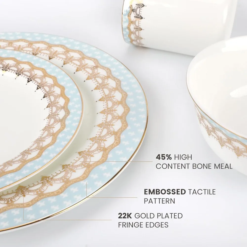 Fine Bone China Dinnerware Sets,16PCS Relief and Gold-plating Pattern Lightweight Bone China High Grade Tableware Set for 4