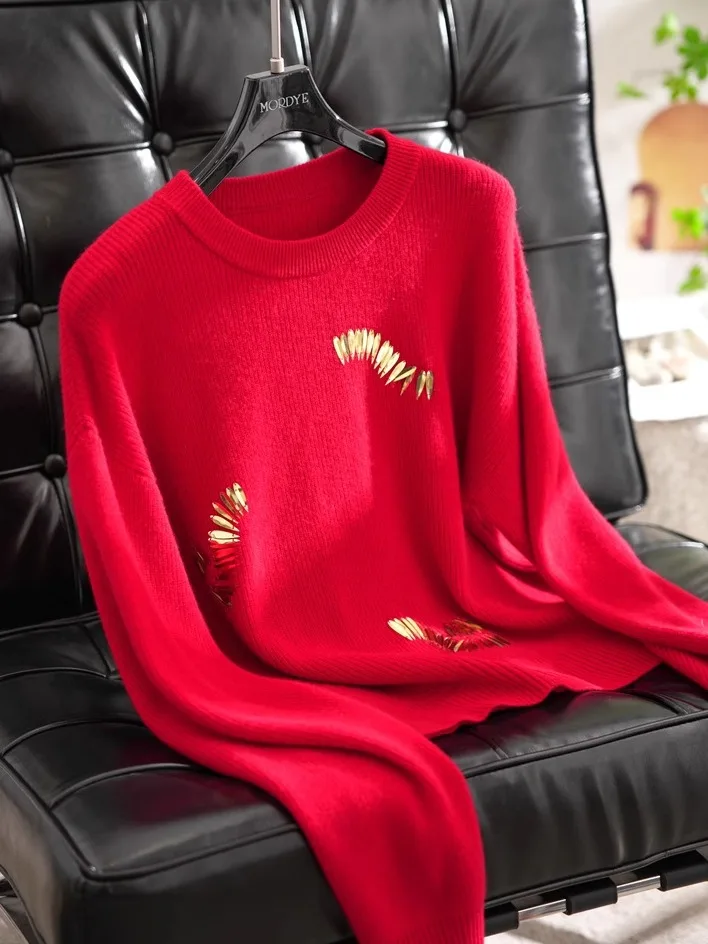 

Red Knitted Pure Wool Sweater Hand Embroidered Golden Pumpkin Straight Cut Long Sve round Ne Knitwear for Festive Wear
