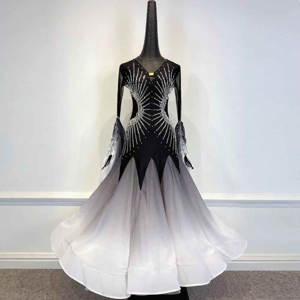 Nuevo diseño de sombreado negro sobre blanco, vestido de competición de baile de Salón Estándar para mujer, falda de baile de trota de zorro y vals moderno