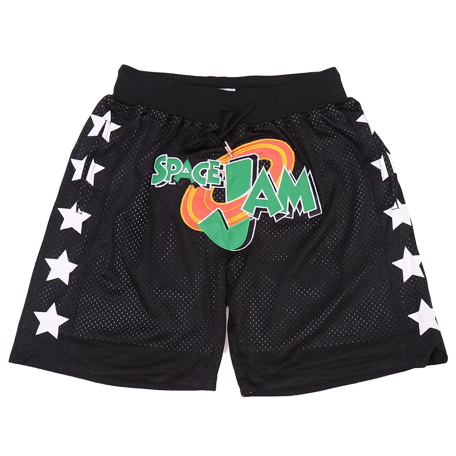 Basketball Shorts Summer Fashion Men\'s Sports Casual Fitness High Quality Beach Pants SPACE JAM Sewn Embroidered Black Mesh