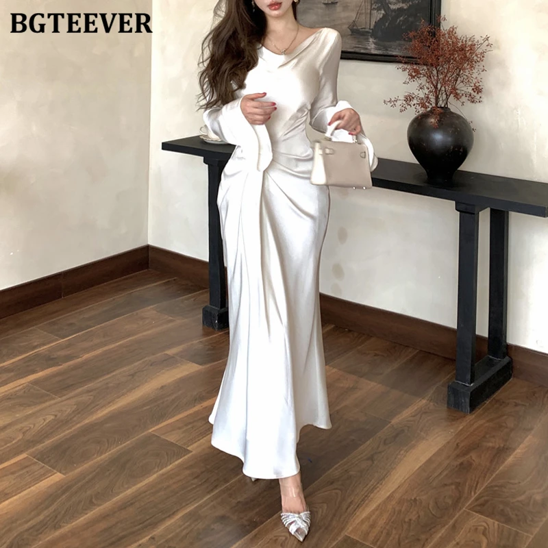 BGTEEVER シックでエレガントなスイングカラーパッケージヒップサテンドレス女性のためのエレガントなスリムウエスト長袖レディースボディコンドレス