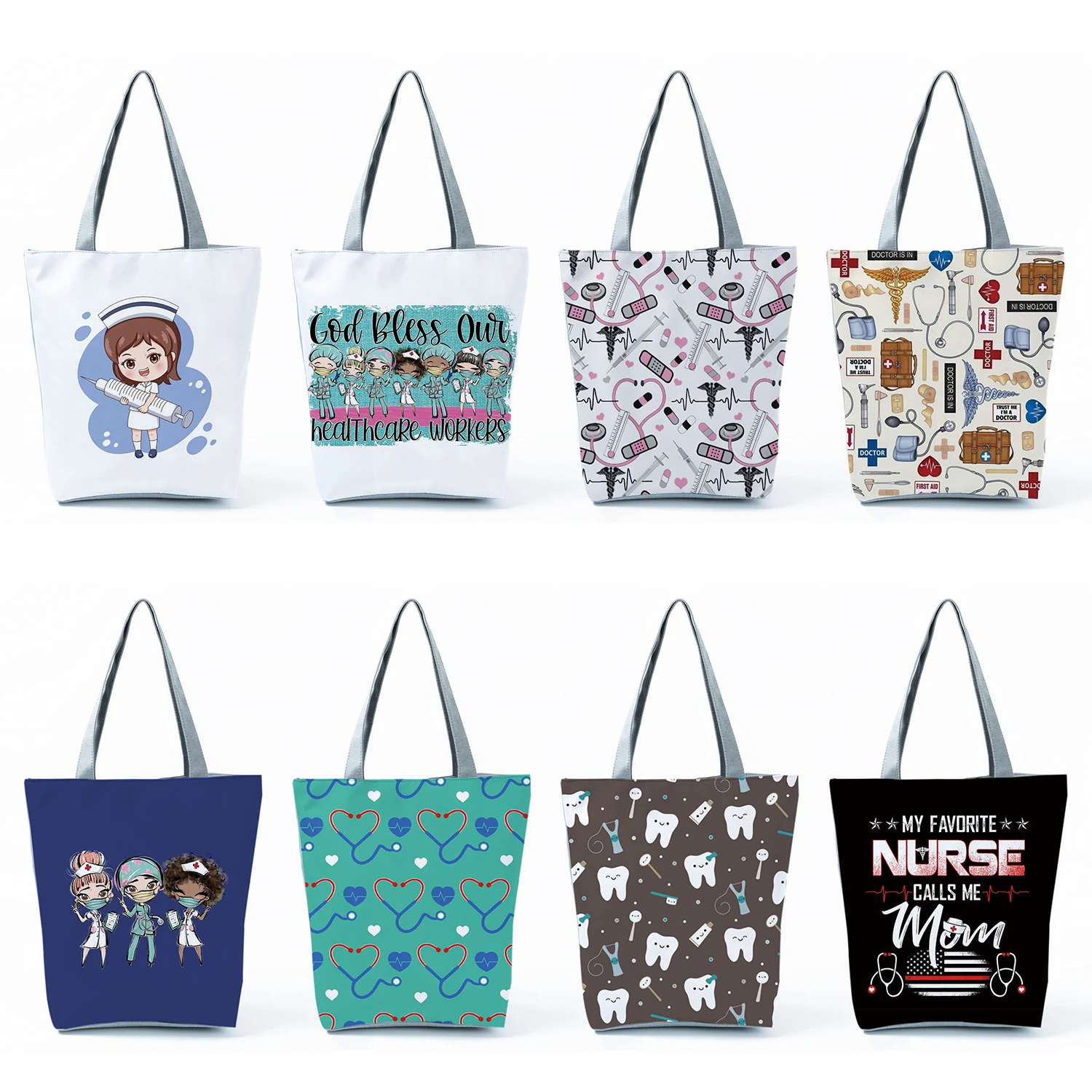 Cartoon Nurse Printed Handbags High Capacity Bags For Women Custom Dentist Doctor Pattern Logo Shoulder Bag Casual Eco Reusable