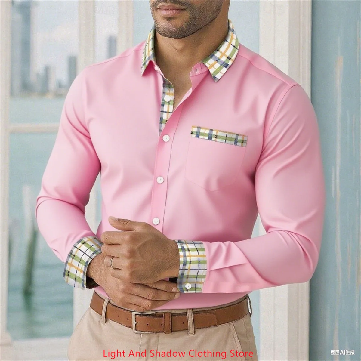 

Men's plus Size Solid Color Long Sleeve Shirt Hawaiian Casual Lapel Buttons Printed Pockets Loose Comfortable Streetwear