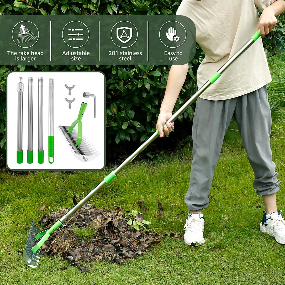 

Thatch Rake Double Sided Lawn Rake Stainless Steel Adjustable Dethatcher with 4 Sections Handle Garden Tool for Clear Dead Grass