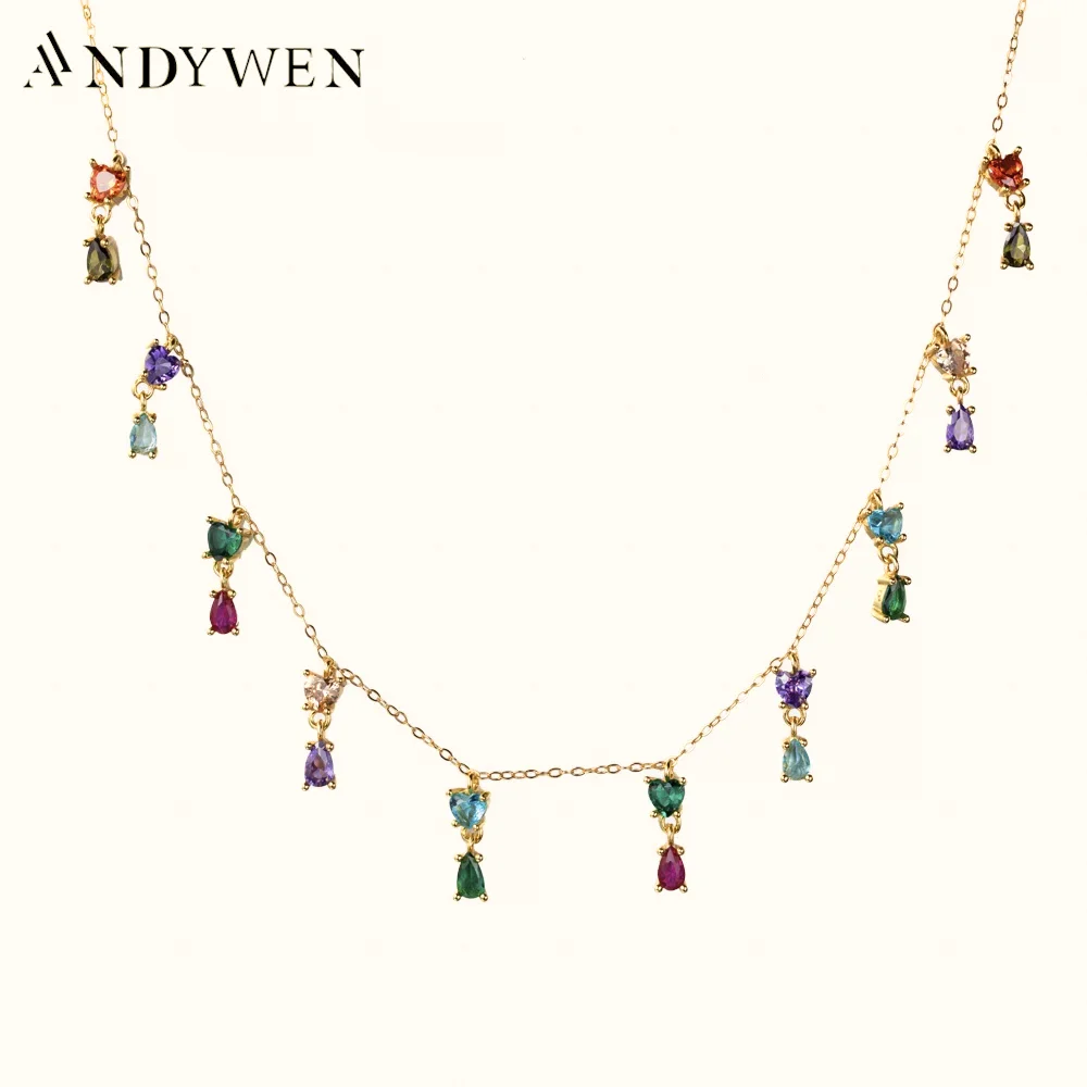 

ANDYWEN 925 Sterling Silver Gold Colorful Zircon CZ Charm Pendant Choker Luxury Women Party Wedding Jewelry Colorful Rainbow