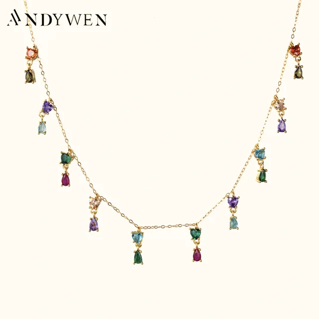 ANDYWEN 925 srebro złoto kolorowa cyrkonia CZ uroku wisiorek Choker luksusowe kobiety wesele biżuteria kolorowe Rainbow