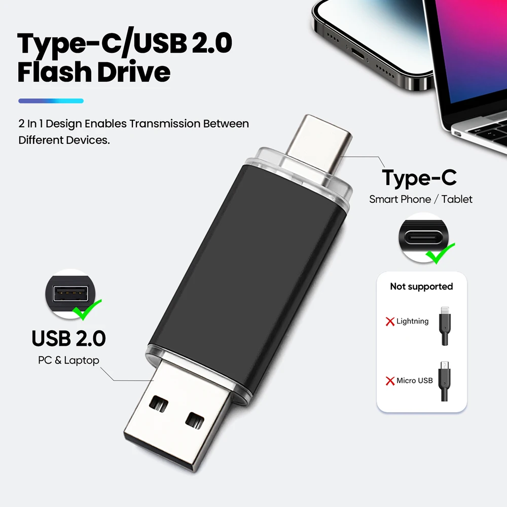 محرك أقراص فلاش USB من النوع C OTG 128GB 64GB 32GB 16GB 8GB 4GB USB Memory Stick 2.0 Pendrive عالي السرعة لجهاز Type-C