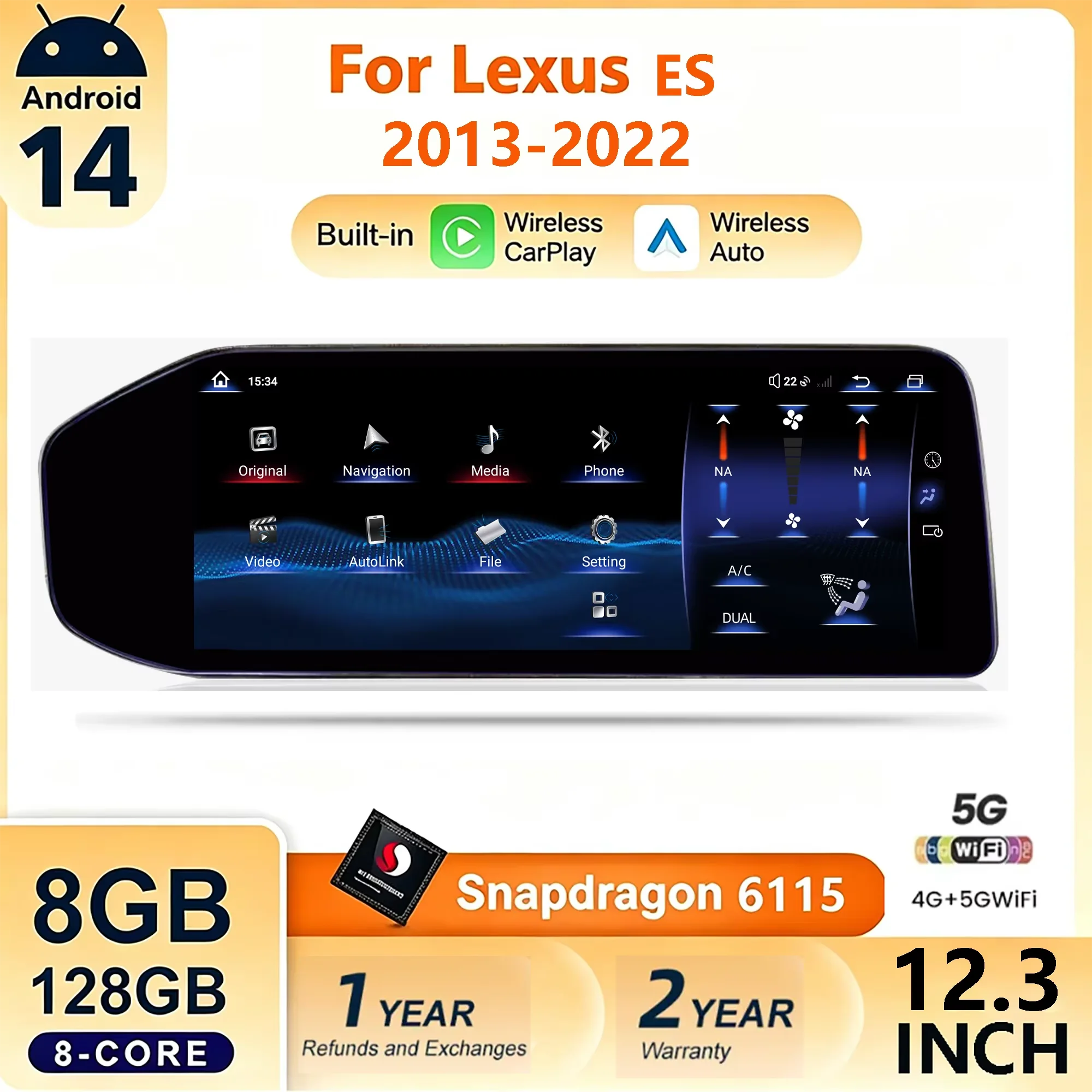 12.3 inch For Lexus 2013-2022 Android 14 Car Multimedia Radio BT Carplay Snapdragon 6115 screen 4G DSP
