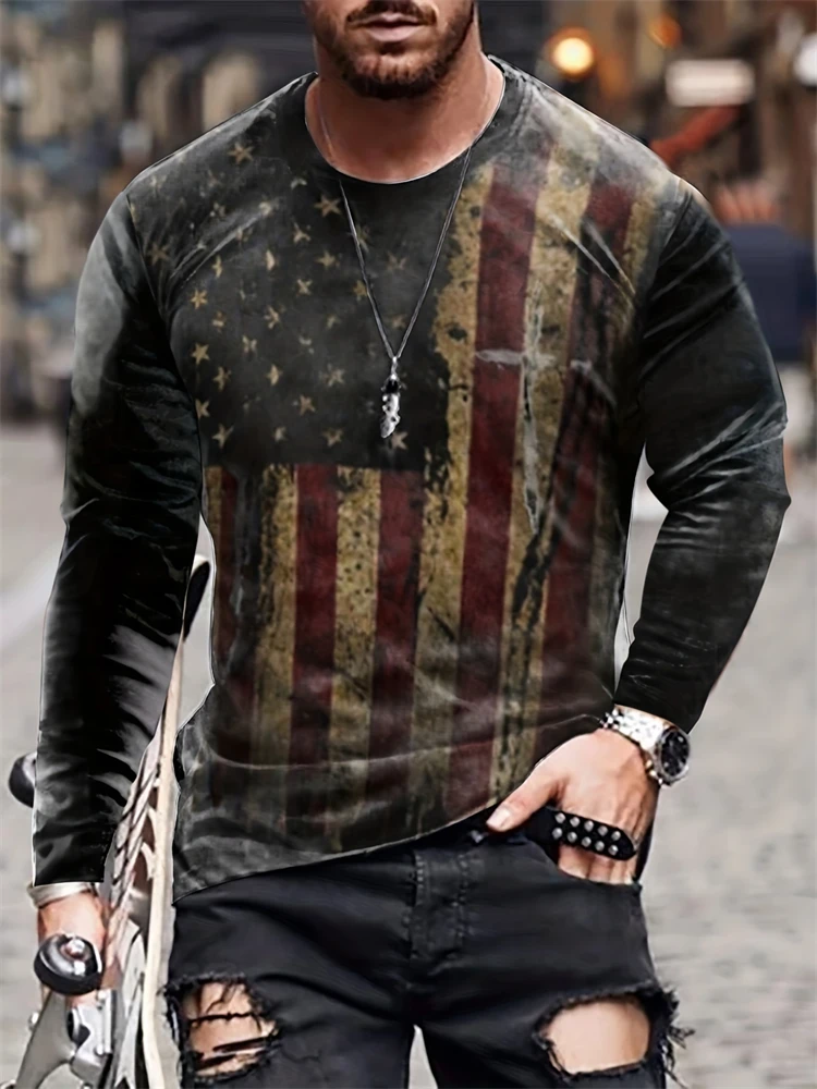 Vintage American Flag Printed Long Sleeve Summer Men's Round Neck Casual Long Sleeve T Shirt Fashion Pullover Men's Clothing