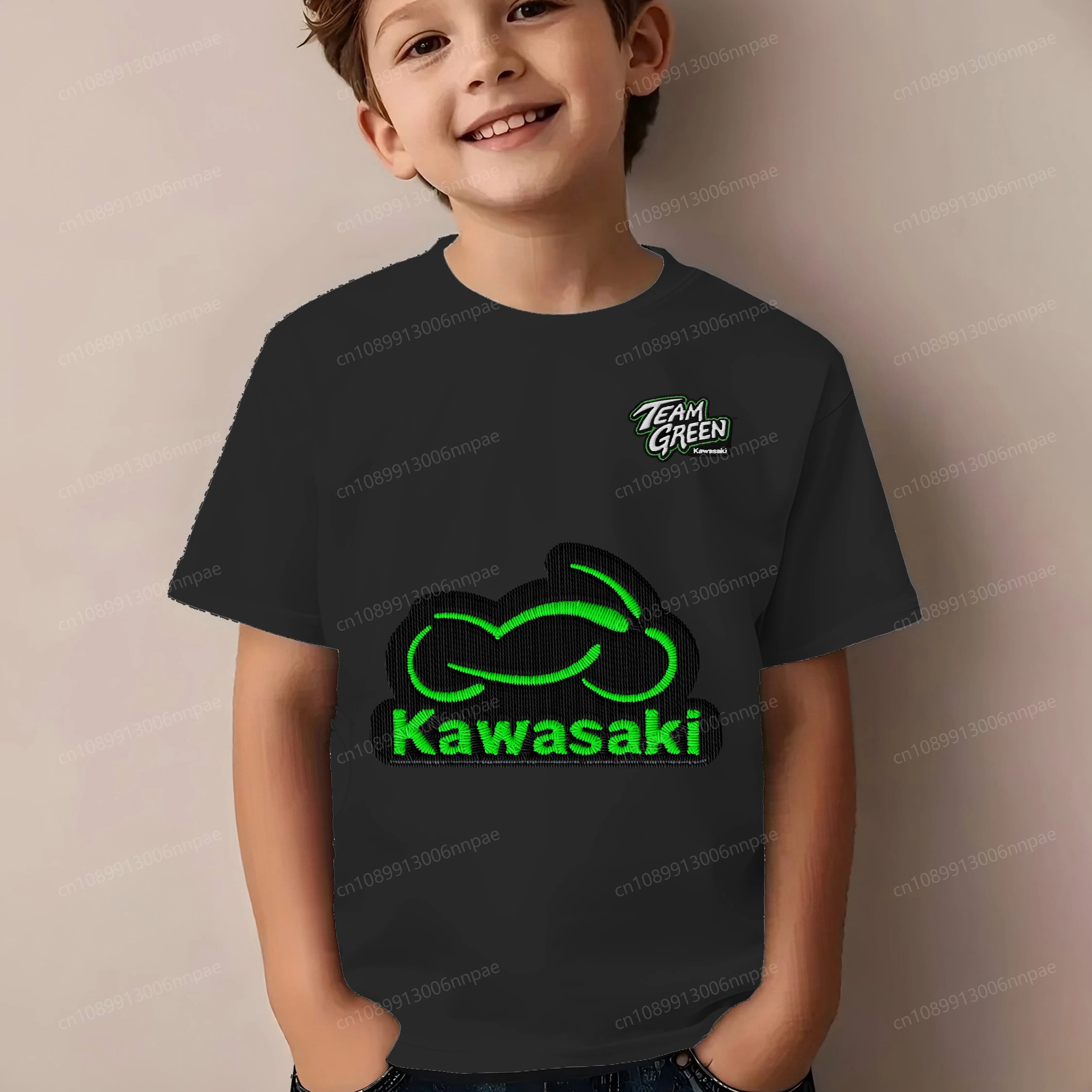 

2025 Kids Clothes Texture Embroidery Kawasaki 3D Printing Pure Cotton T-shirt for a Boy Children Summer Clothing T-shirts Boys