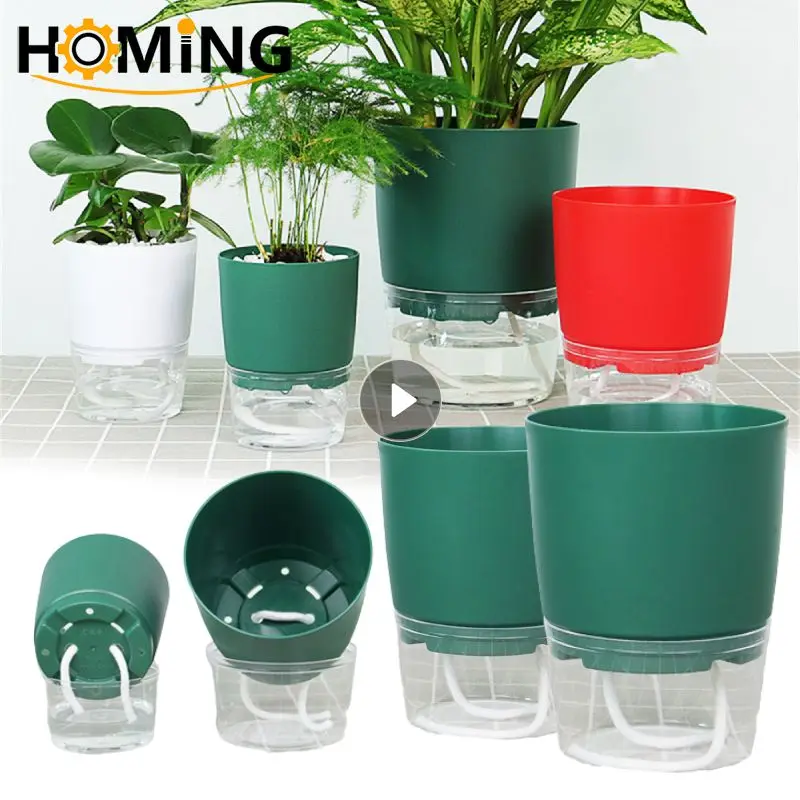 Transparent Double Layer Plastic Flower Pot Self Watering Flowerpot Cotton Rope Watering Small Plant Pot Home Garden Supplies