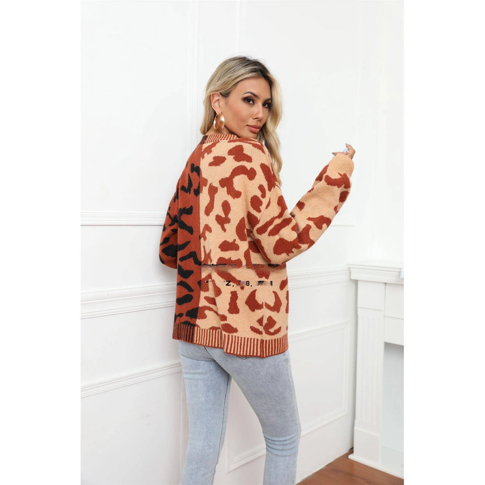 Zimowy sweter-płaszcz z dzianiny w panterkę dla kobiet, zapinany na guziki, casualowa odzież wierzchnia, ażurowy sweter typu lantern.