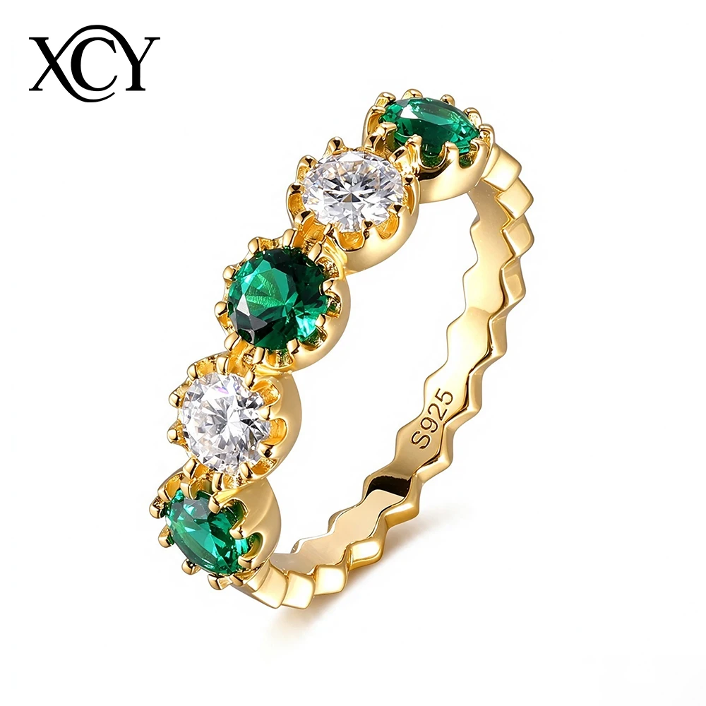 xcy-created-emeralds-interval-inlay-moissanite-wave-ring-women-925-silver-14k-gold-plated-band-wedding-anniversary-fine-jewelry