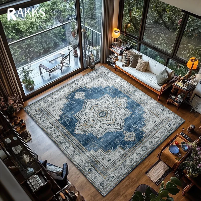 RAKKS Tappeto mandala marocchino in velluto blu, antiscivolo, antiscivolo, facile da pulire, ideale per aree ad alto traffico nel soggiorno, nella camera da letto