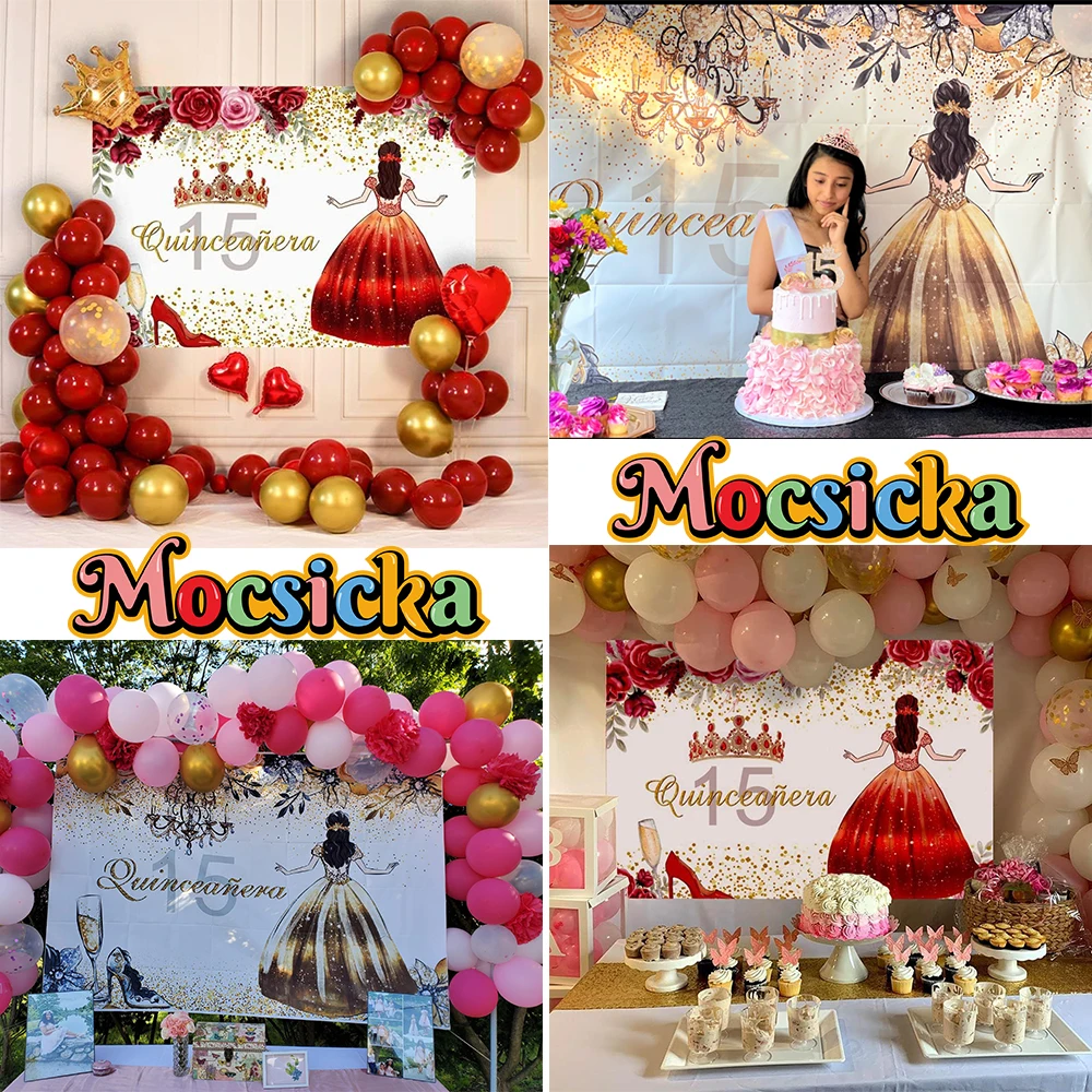 Happy 15th Birthday Photo Background For Girls Pink Flower Rose Gold Glitter Butterfly Princess Portrait Decoration Banner