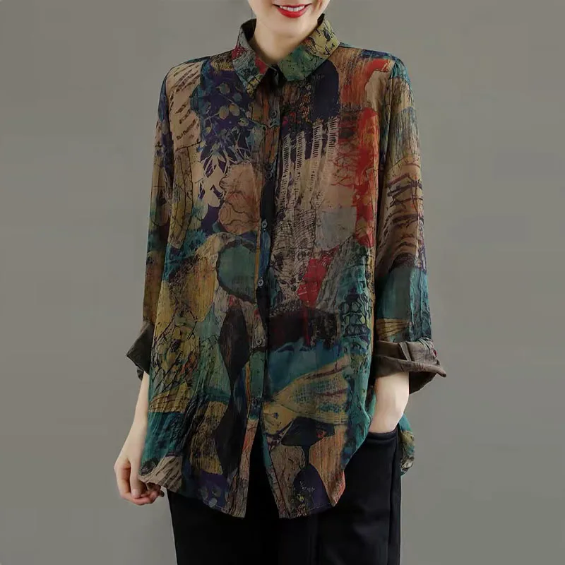 

Loose Fit Floral Print Long Sve Women's irt Vintage Design Casual Top Cotton Linen Material Commute Sle Button Closure