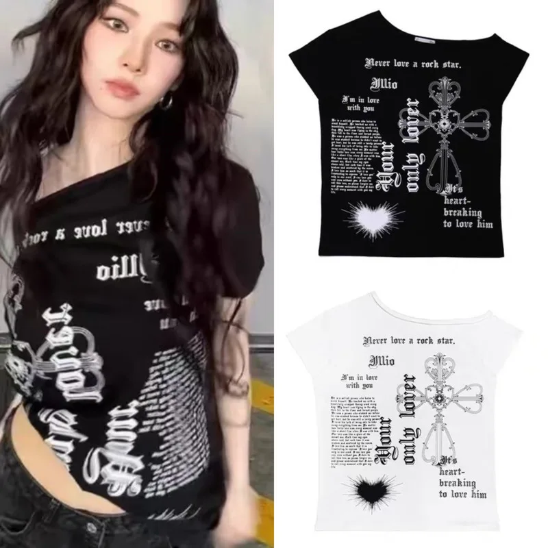 

AP Tops&Tees Y2K Liuchimin Star Same Korean LIO Off Shoulder Asymmetric Short Sleeve T-shirt Top Summer Retro O-Neck Top Tee New