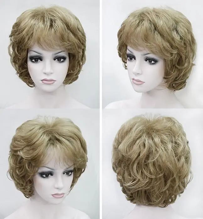 

Women Wig Ladies Wig Short Light Golden Curls Synthetic Hair Wigs+Wig Cap