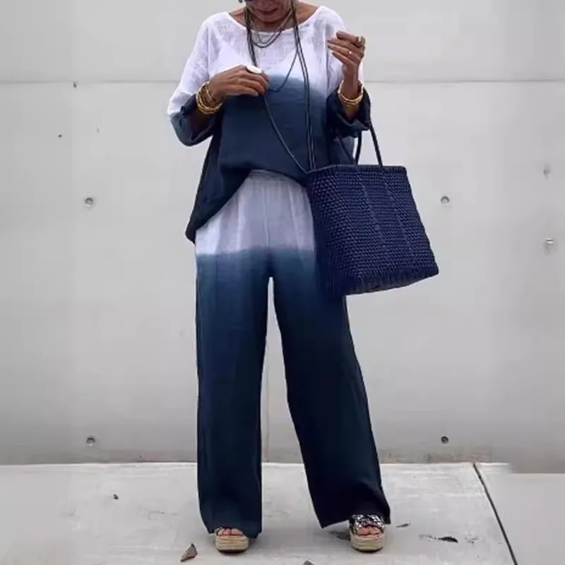 

Повседневный свободный пуловер, рубашка, костюм с градиентом из хлопка и льна, комплекты из 2 предметов, женский наряд для женщин, летние модные комплекты с карманами и брюками