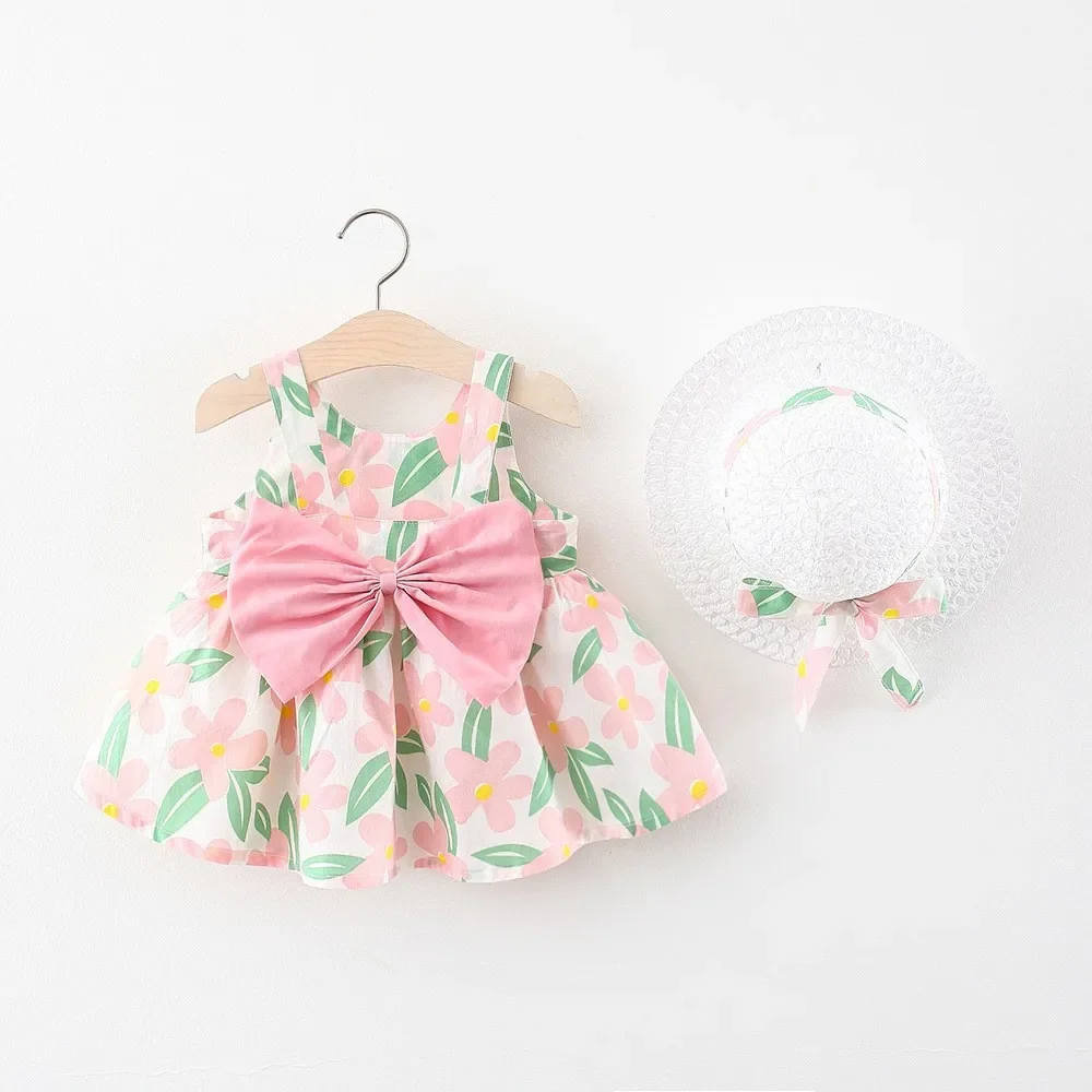 2 pieces a set with Hat New girl floral dress sweet summer bow toddler beach dress for children aged 0 to 3 newborn clothing