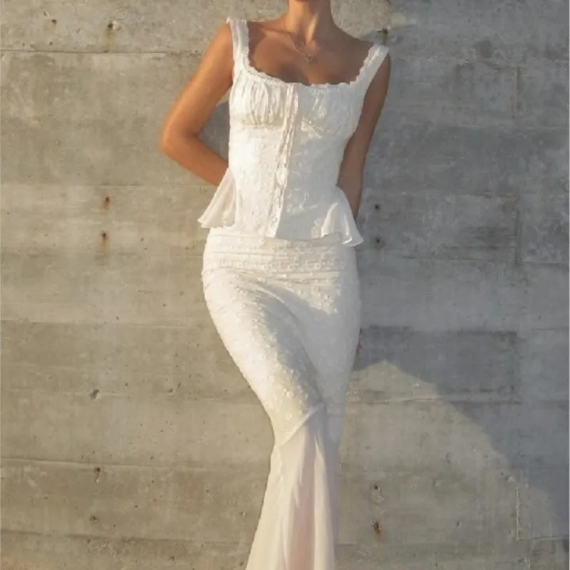 Chic Vintage Off Shoulder Lace Jacquard Tank Tops & Beige Long Skirt Women French Elegant Vacation Matching Set Mermaid Skirt