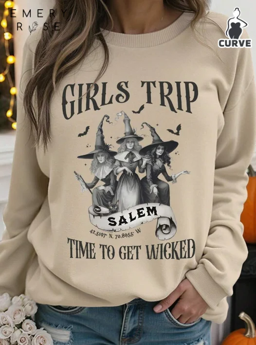 

2025 Retro Halloween Salem Witch Long-sleeve T-shirt Matching Girls Trip Bachelorette Salem Witchy Clothing for Women