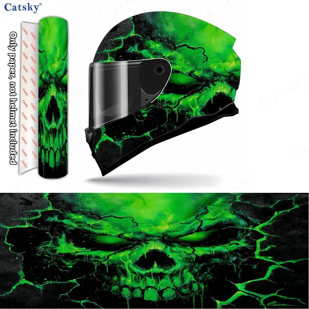 Indigo Green Soul-Splitting Skull Helmet Vinyl Wraps, Waterproof Scratch-Resistant Full Face Helmet Decals, Durable PVC Decorati