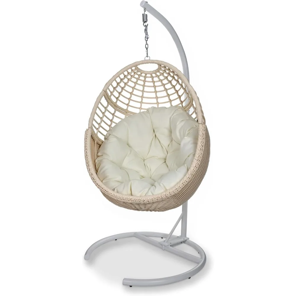 

handwoven rattan egg swing chair with stand: indoor-outdoor hanging lounger chair with cushion