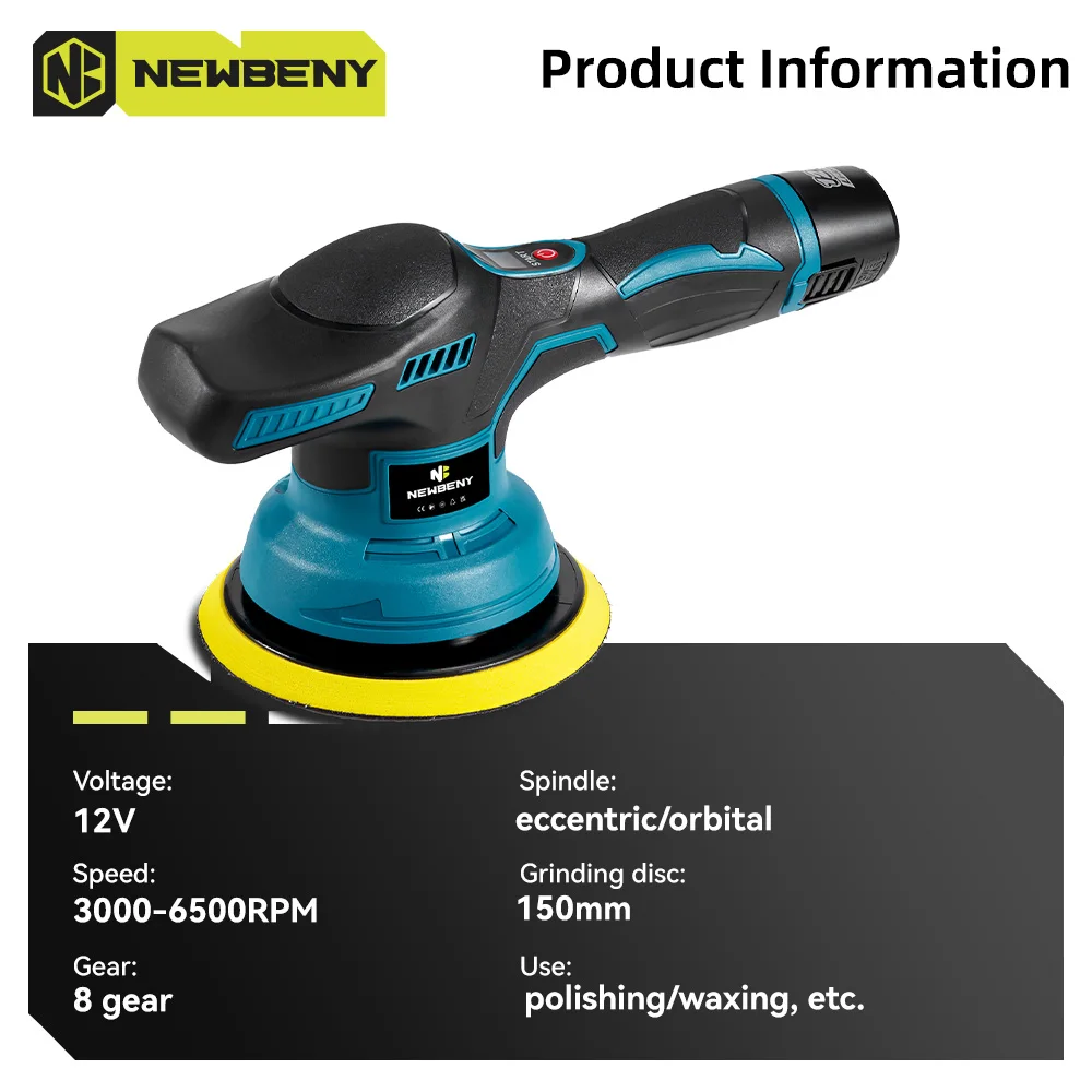 NEWBENY 12V 150mm Electric Car Polisher 8 Gears Cordless Speeds Adjustment  Car Home Cleaning Waxing Sanding Beauty Power Tool