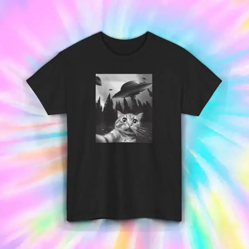 Funny Cat UFO Alien Abduction Selfie T Shirt S 5XL Humor