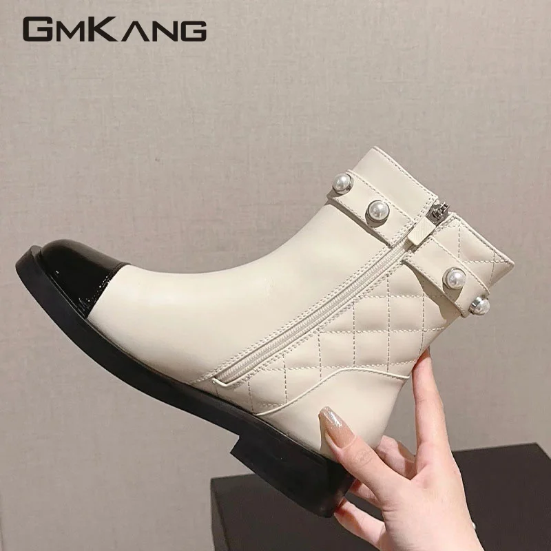 

Side zipper slim fitting flat shoes for women's ankle boots black leather luxury short boots, autumn fashion casual brand boots