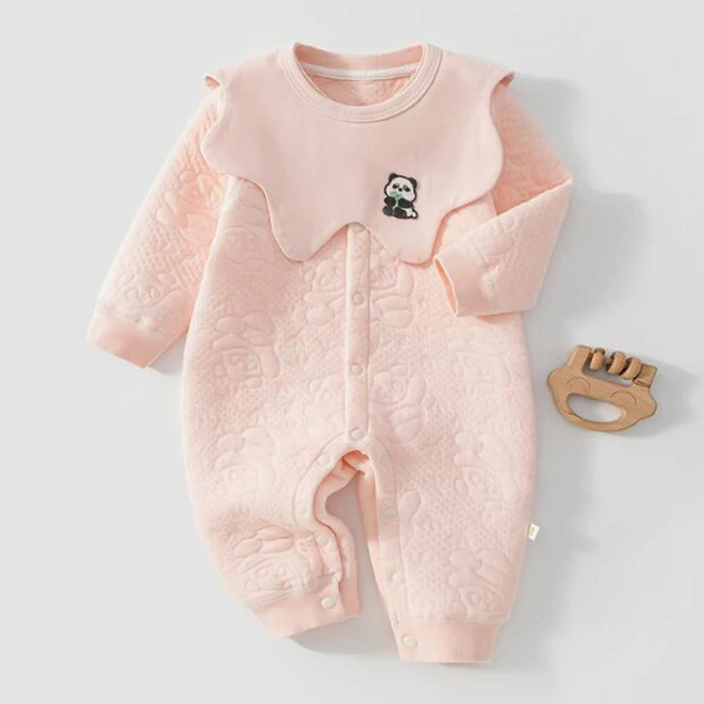 Christmas Baby Girl Romper Long Sleeve Quilted Warm Autumn Winter Infant Clothes Solid Color Newborn Baby Boy Jumpsuit With Bib