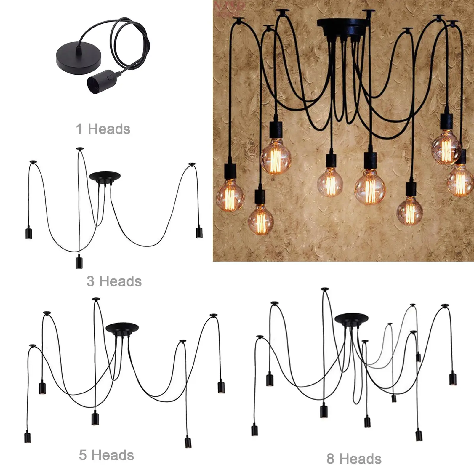 Black Spider Ceiling Chandelier Iron Adjustable Pendant Lamp Modern Lighting Fixture for Bedroom Lounge