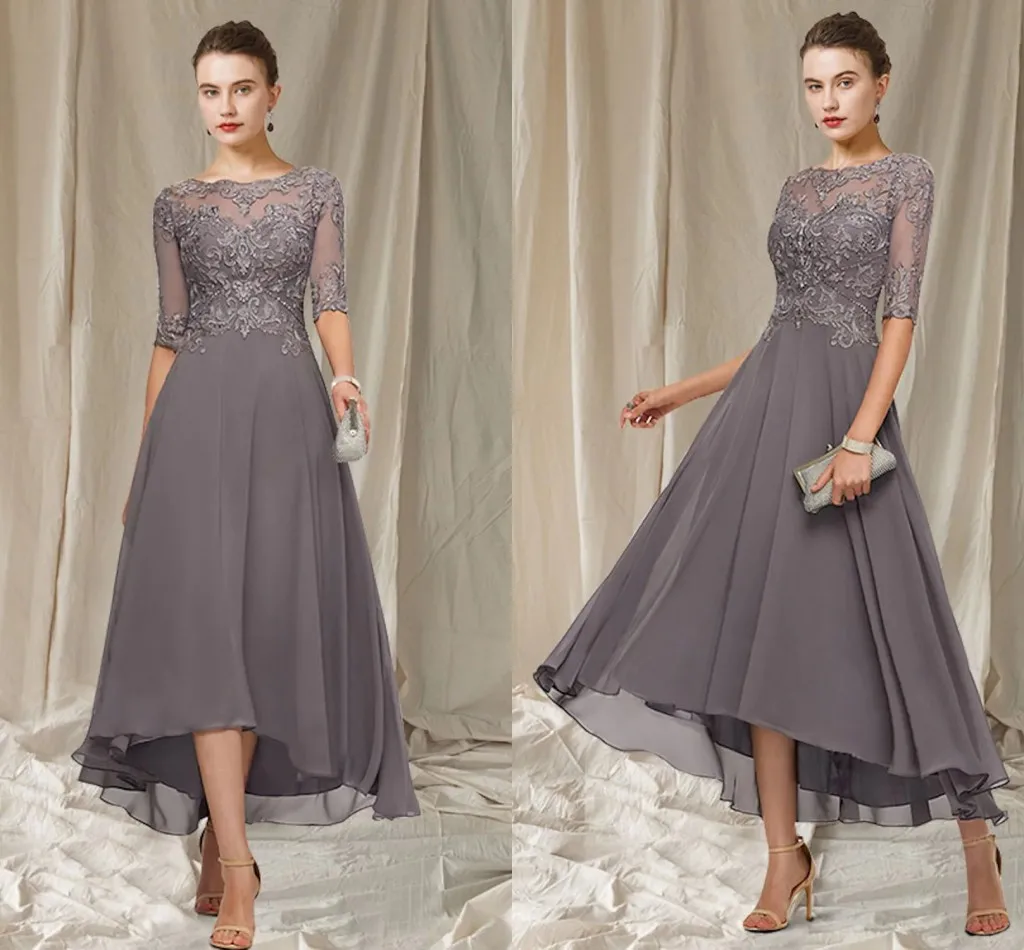 

A-Line Mother of the Bride Dress 2023 Elegant Jewel Tea Length Chiffon Lace Half Sleeve Pleats Appliques Wedding Guest Gown