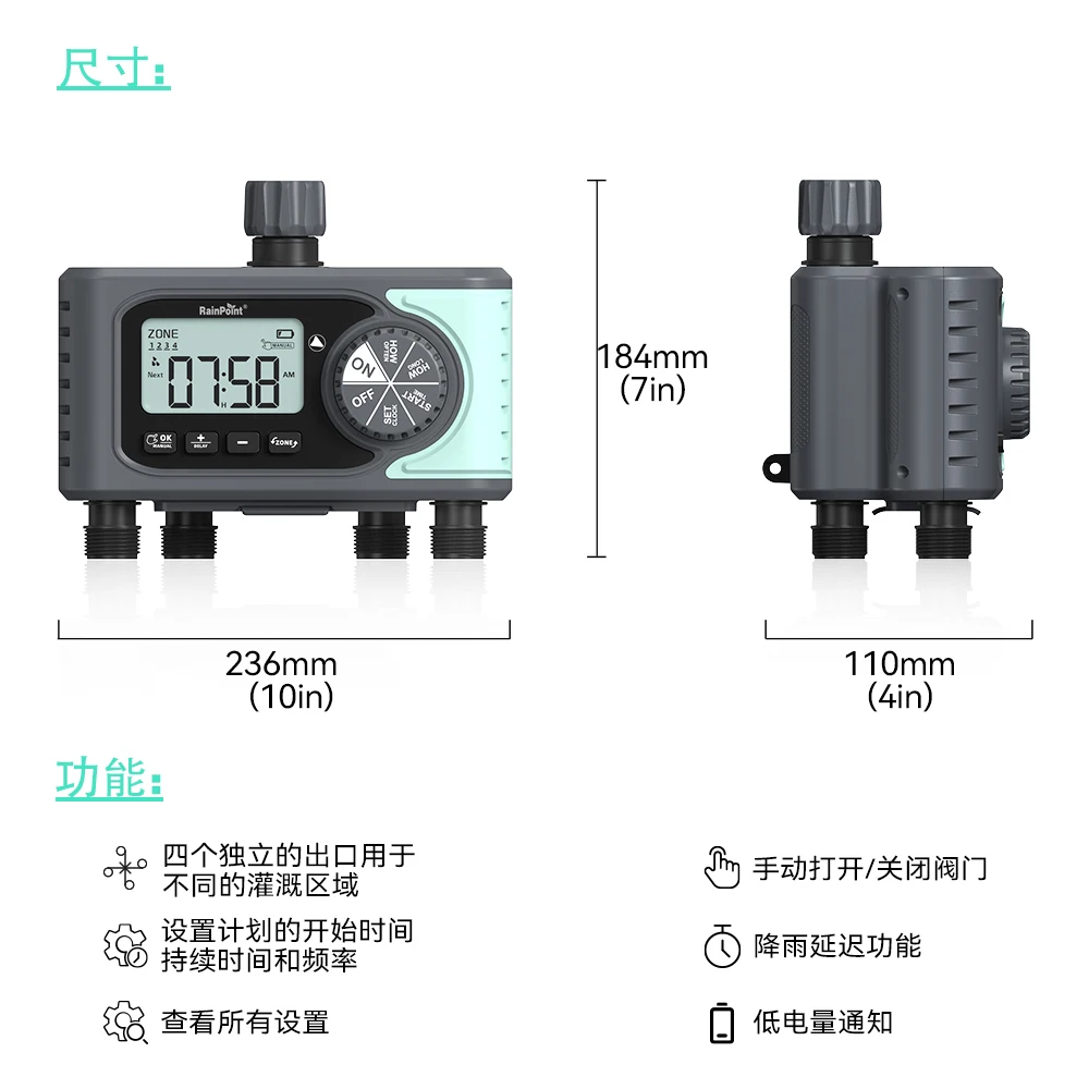 4 Zones Sprinkler Timer Programmable Water Timer for Garden Hose Outdoor Hose Timer with Rain Delay Manual Watering System