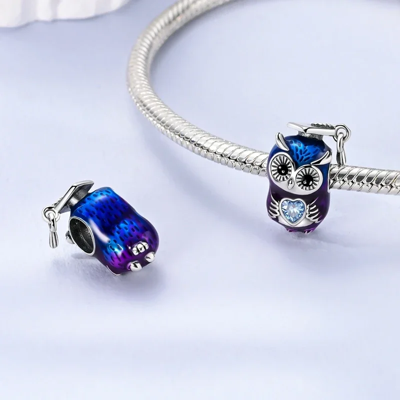 سحر الفضة 925 قبعة البكالوريوس البومة على شكل قلب الخرز صالح سحر بلاتا 925 الأصلي خرز سوار النساء صنع المجوهرات Diy بها بنفسك #2