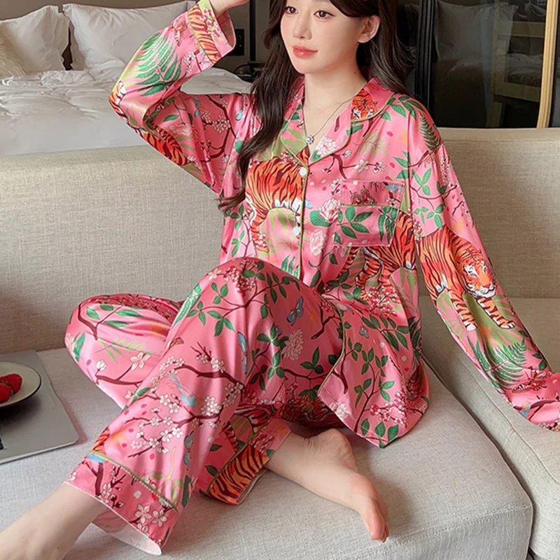 Spring Summer Thin Long Sleeved Satin Silk Pajamas Soft Peach Blossom Tiger Print Sleepwear Light Luxury Woman Pajama Sets