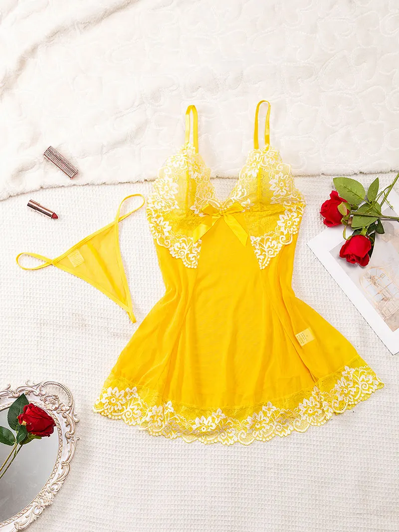 Transparent Dress Exotic Cotumes  New Erotic Pajamas Set Lace Sleepwear For Women Babydoll Sexy Lingerie Hot Nightdress Open Bra