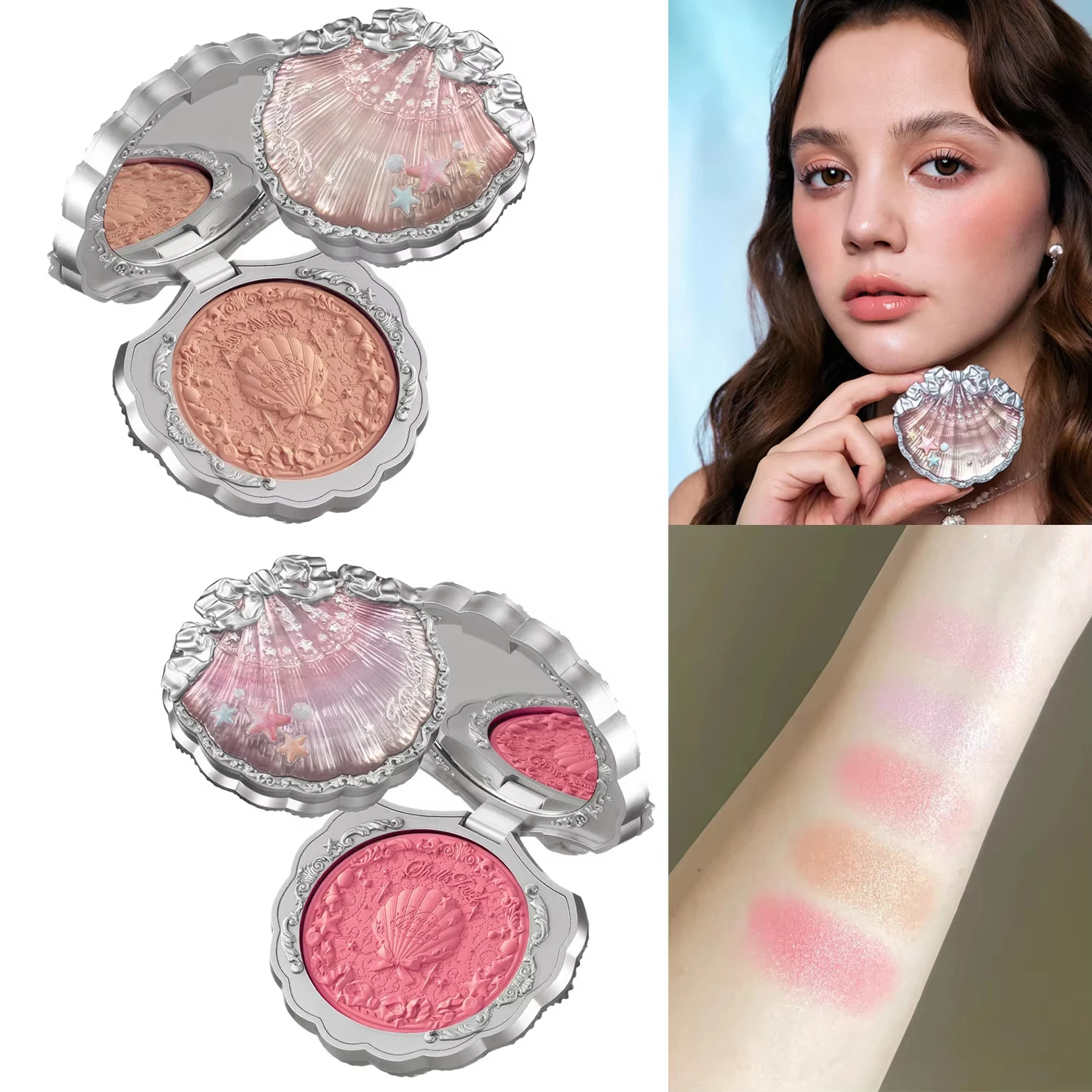 Flower Knows Shells Jewel Collection Embossed Silk Satin Blusher Expands Shrink Cheek Vintage Pearl Makeup