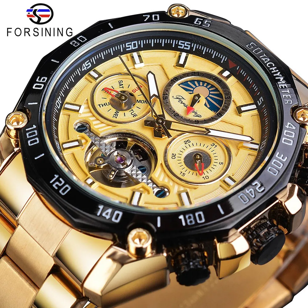 

Luxury Forsining Brand Male Mechanical Watch Automatic Tourbillon Skeleton Self Wind Calendar Moon Phase Steel Strap Mans Clock