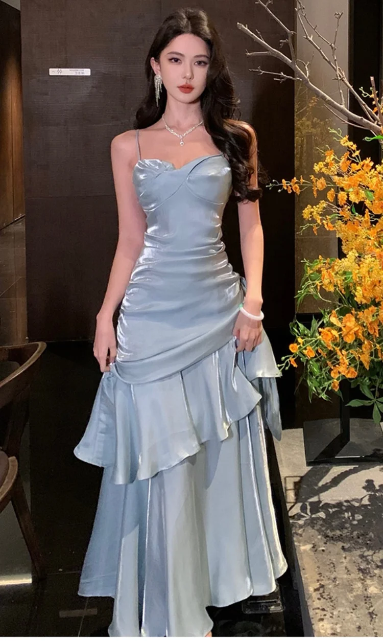 Elegant Spaghetti Strap Ruffles Women's Evening Dresses Fashion Princess Party Sleeveless Dress 2025 Summer Slim Waist Vestidos