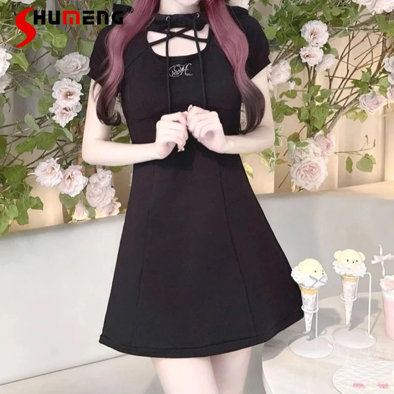 

Japanese Sweet Rojita Daily Wear Chest Rhinestone Letter Hollow Cross Short-Sleeved Hooded Dress Lolita Slimming Short Dresses
