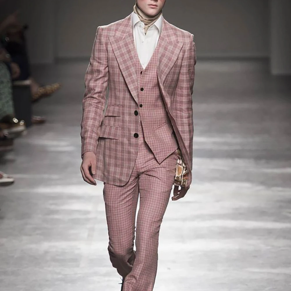 

Pink Checkered Men's Suits 3 Piece Single-breasted Set Formal Blazer Vest Pants Uniform Wedding Groom Outfit Office Party Wear