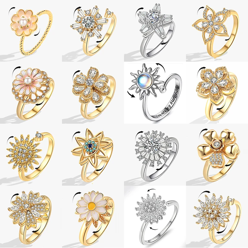 SMJEL Fidget Spinner Ring Anxiety for Women Multiple Crystal Flower Star Sun Knuckle Rings Rotate Anti Stress Wedding Jewelry