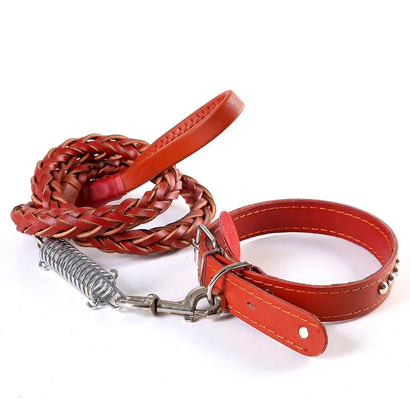 8 Strand Braided Genuine Leather Dog Leash with Collar Set, Anti-Pull Spring Buffer Heavy Duty Pet Walking Lead for Medium Large