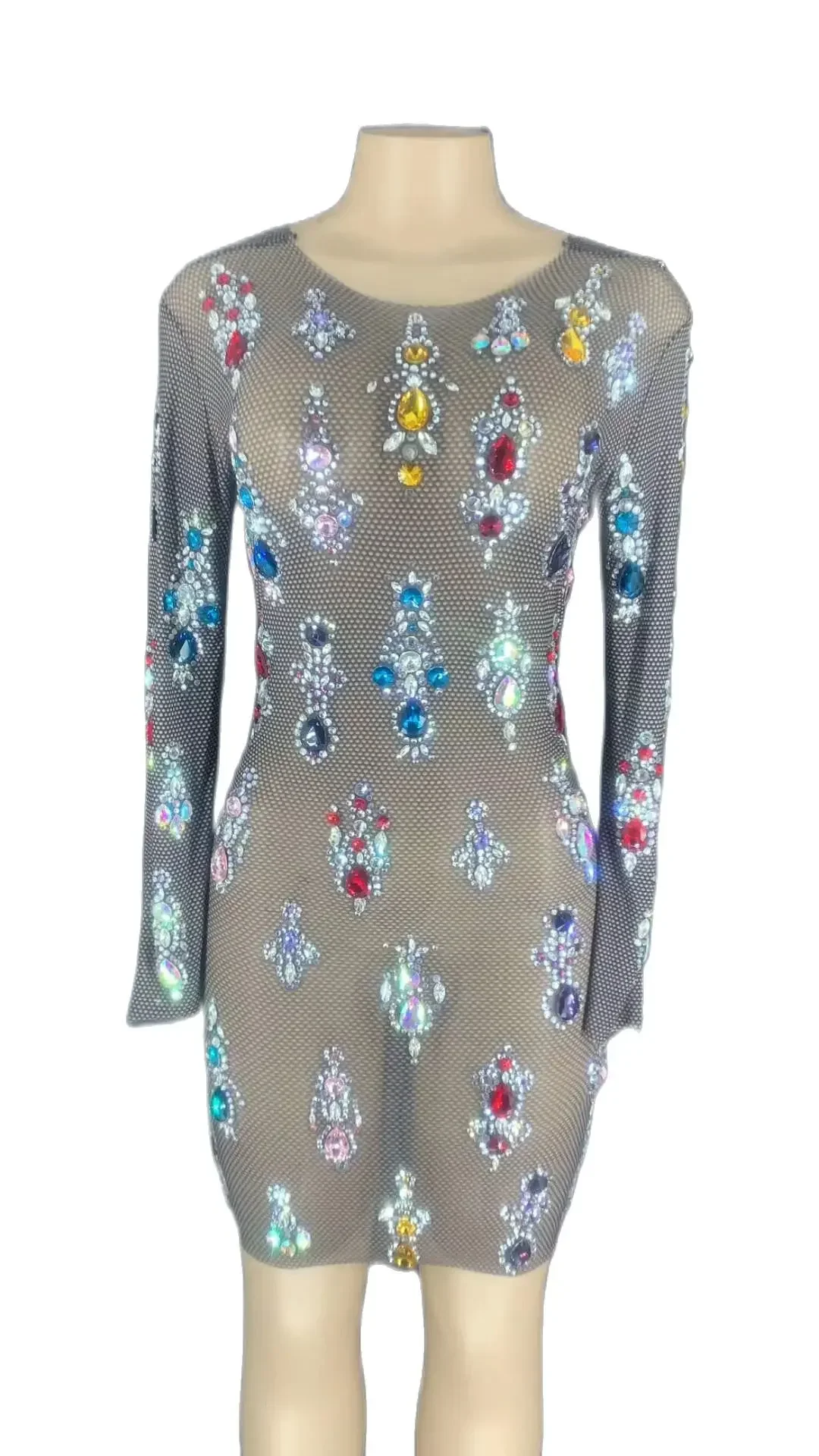 

Rhinestones Dress Women Perspective Shining Sexy Long Sleeve Evening Party Singer Entertainer Nightclub Wears 2026 Luxury