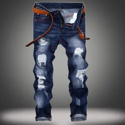 Men Jeans Long Pant Denim Pants Slim Fit Straight Trousers High Waist Solid Regular Button Pocket Splice Casual Autumn 2024