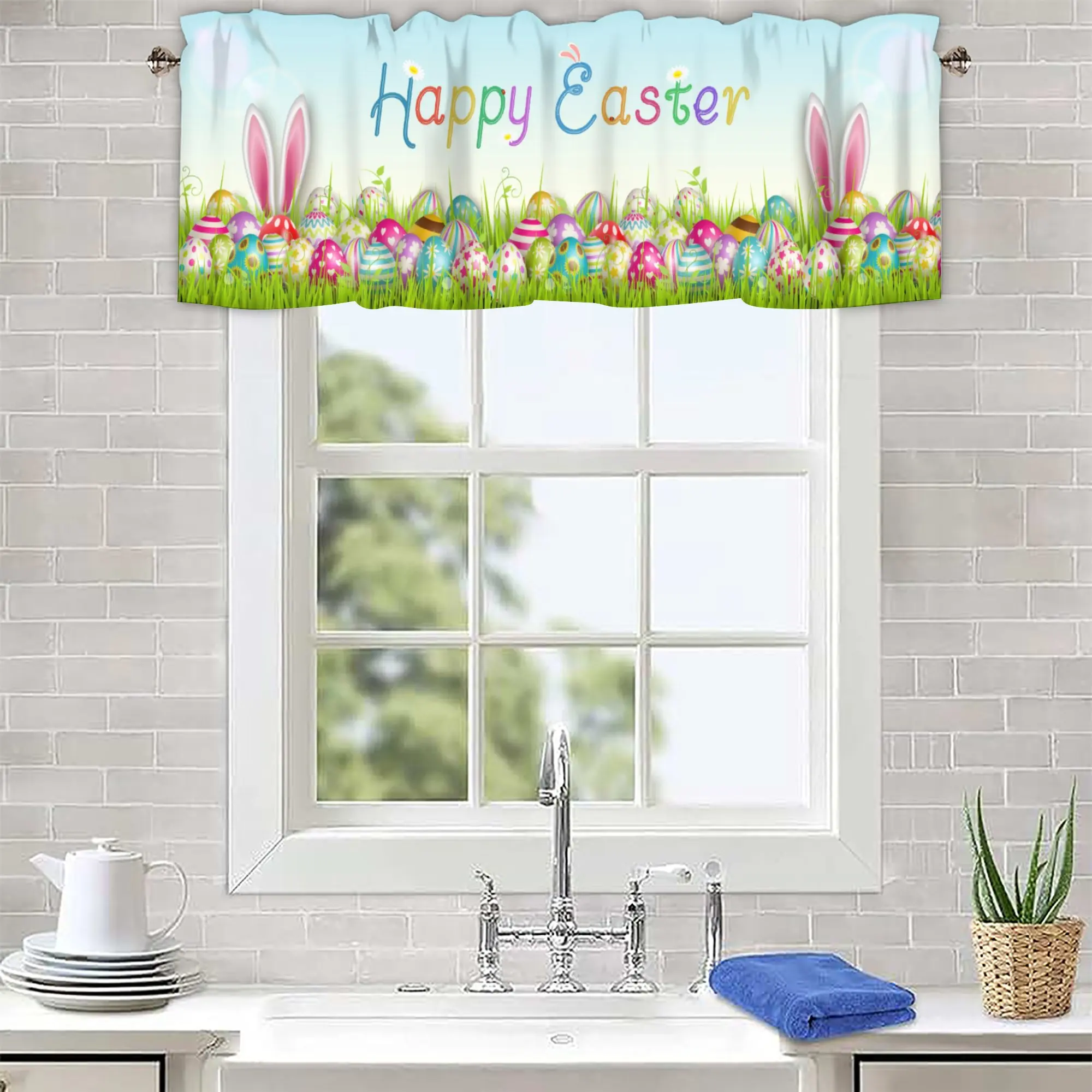 Spring Bunny Ear Valance Curtain for Window,Easter Egg Grassland Kitchen Valances Short Curtain Window Treatment Drape
