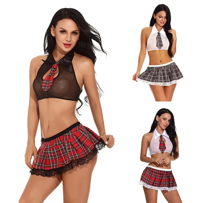 Schoolgirl Cosplay Crop Tops with Plaid Skirt Thongs Set Women Sexy Lingerie Naughty Adult Roleplay Sex Uniform Erotic Costumes