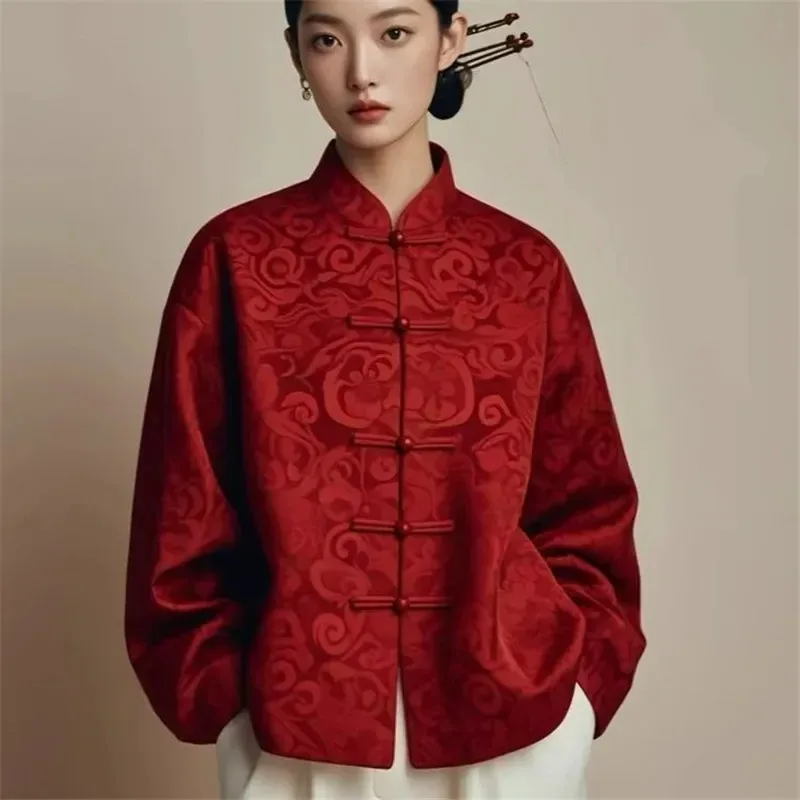 Jesienna Nowa Luźna Damska Kurtka w Chińskim Stylu Buddyjska Retro Klamra Płaszcz Damski Ekskluzywny Czerwony Nadrukowany Top Uniwersalny